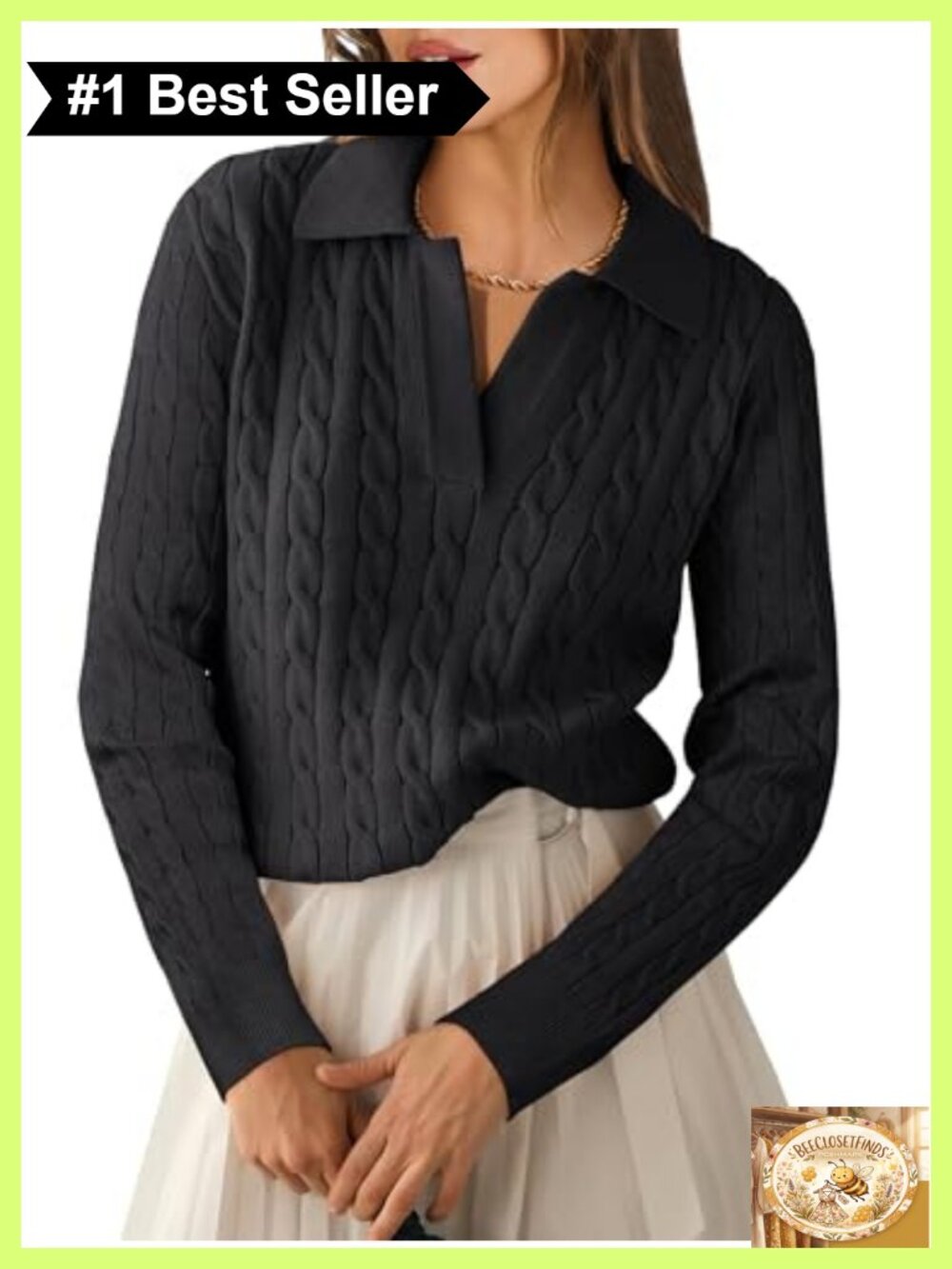 Cable Knit Polo Sweater Long Sleeve Pullover V-Neck